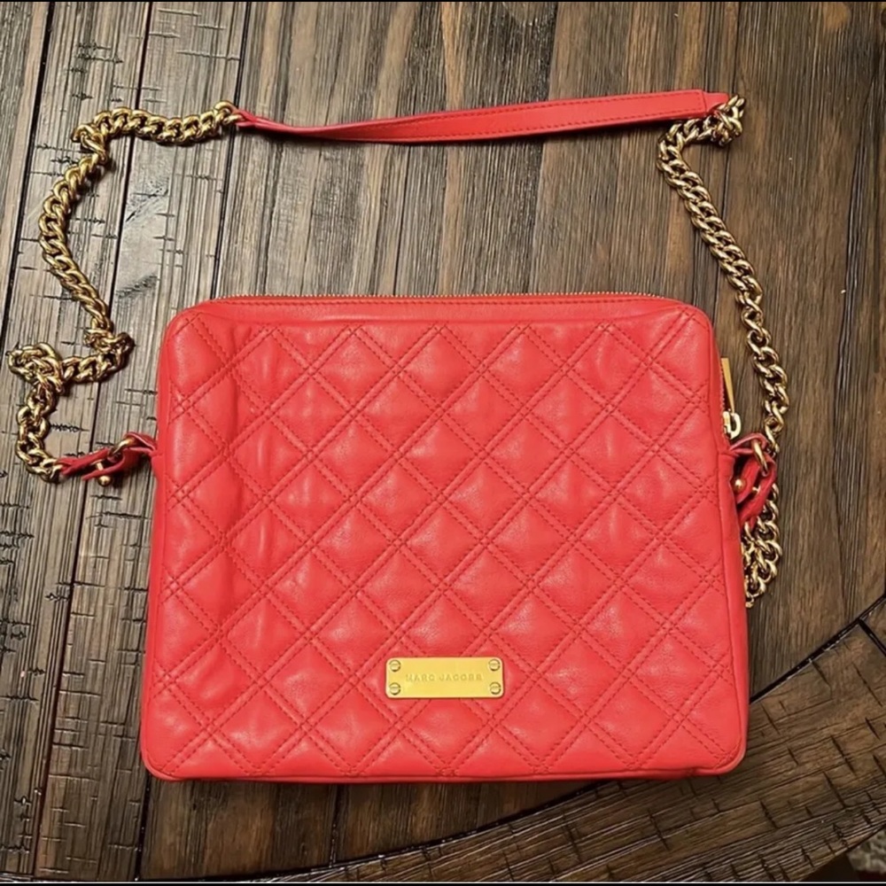 Authentic Marc Jacobs Quilted Coral Pink Leather Shoulder Bag with Gold Chain